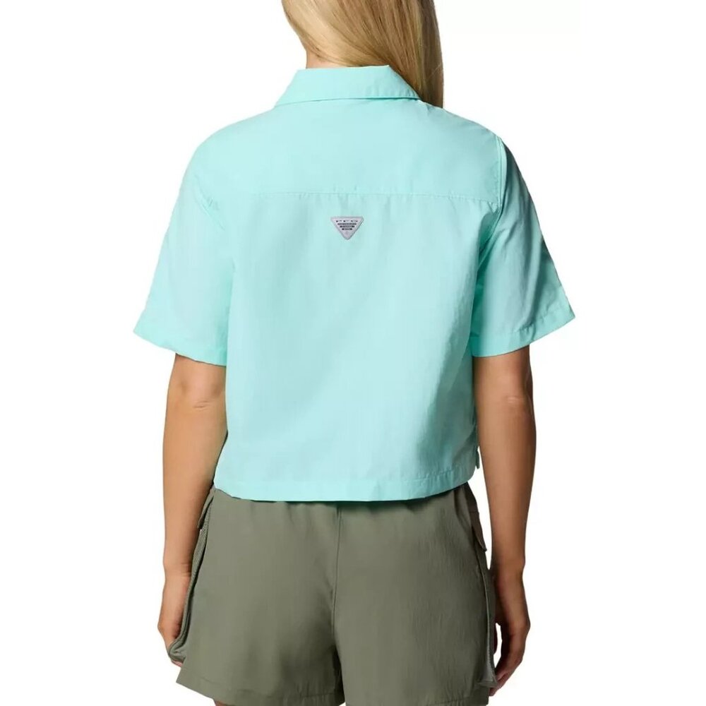 Columbia Women's PFG Open Water Short Sleeve Shirt Blue Snap Button Medium - Picture 2 of 4